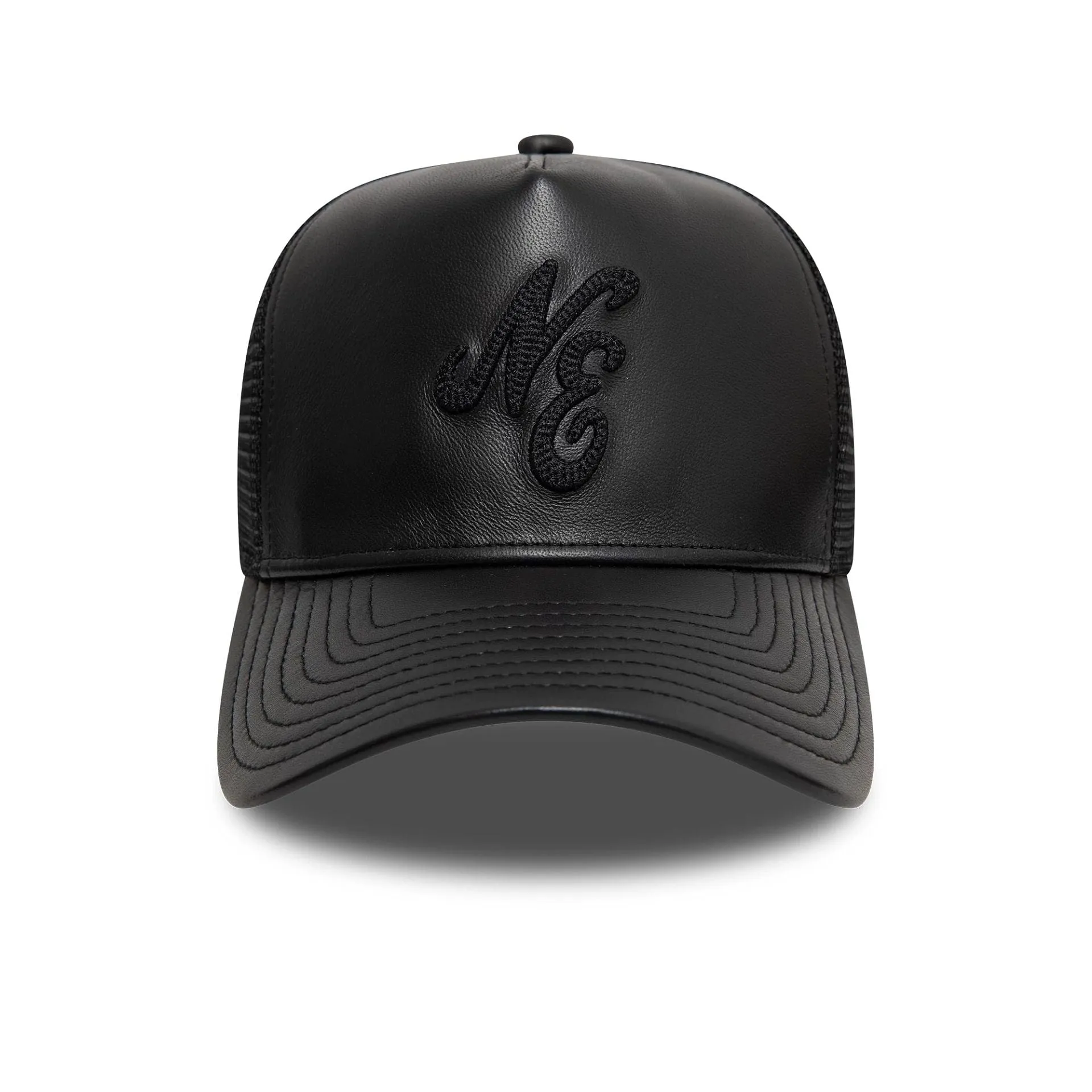 New Era Leather Black 9FORTY A-Frame Trucker Adjustable Cap Billy J