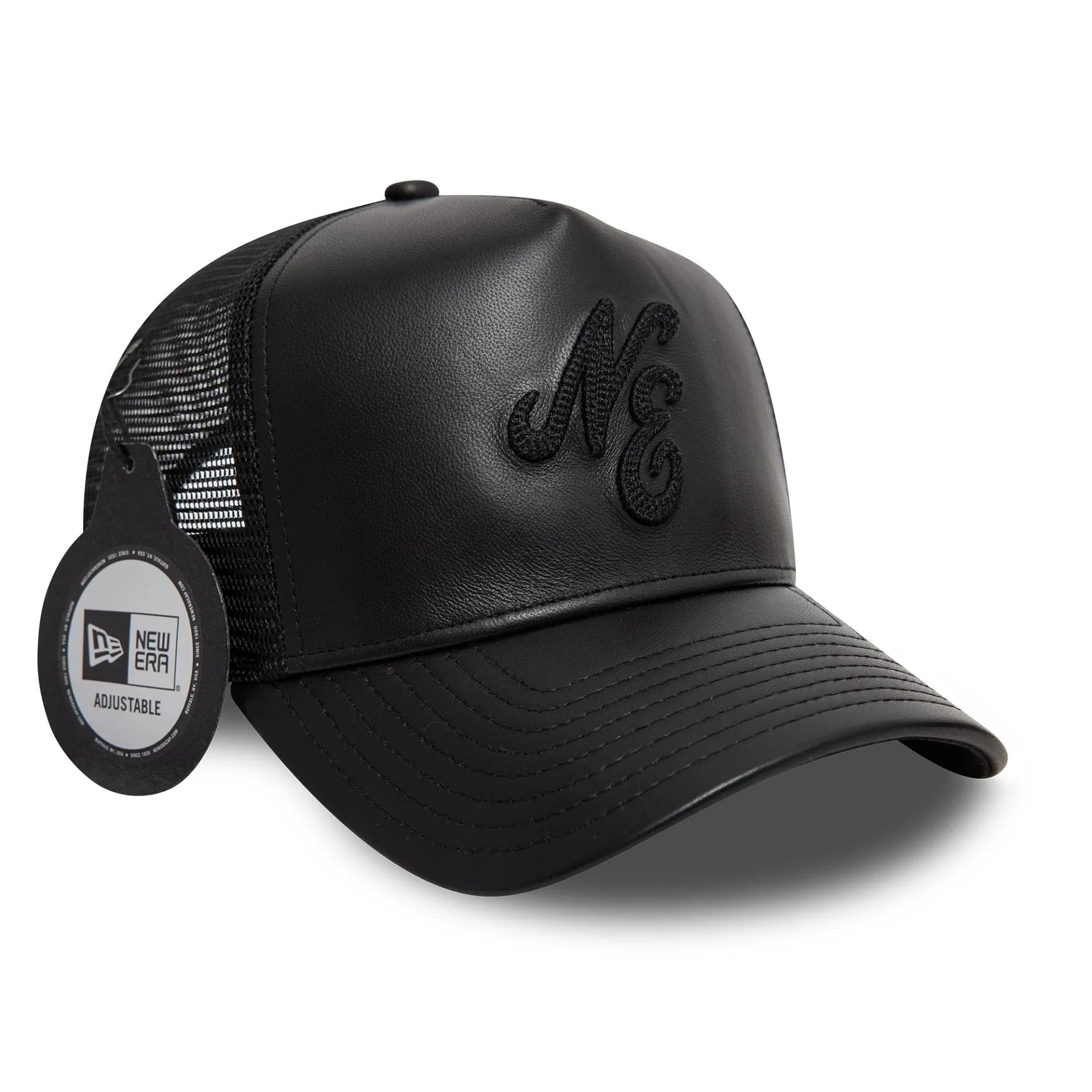 New Era Leather Black 9FORTY A-Frame Trucker Adjustable Cap Billy J