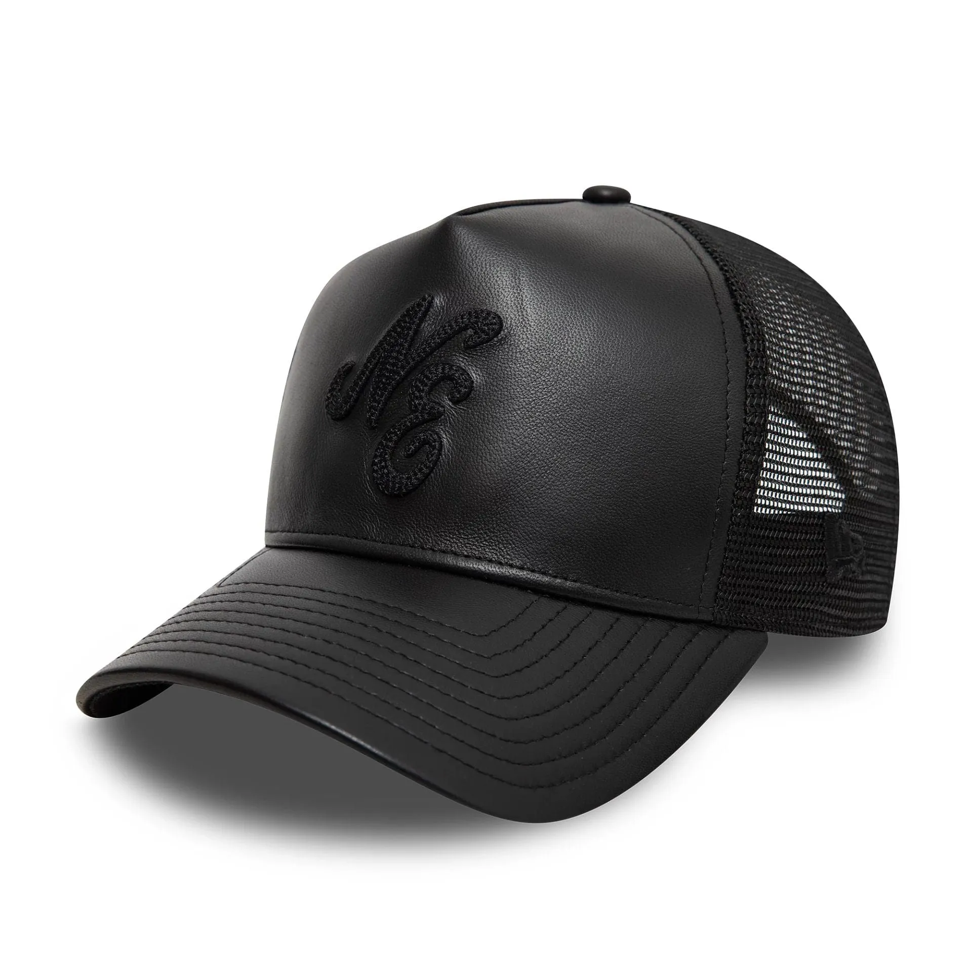 New Era Leather Black 9FORTY A-Frame Trucker Adjustable Cap Billy J